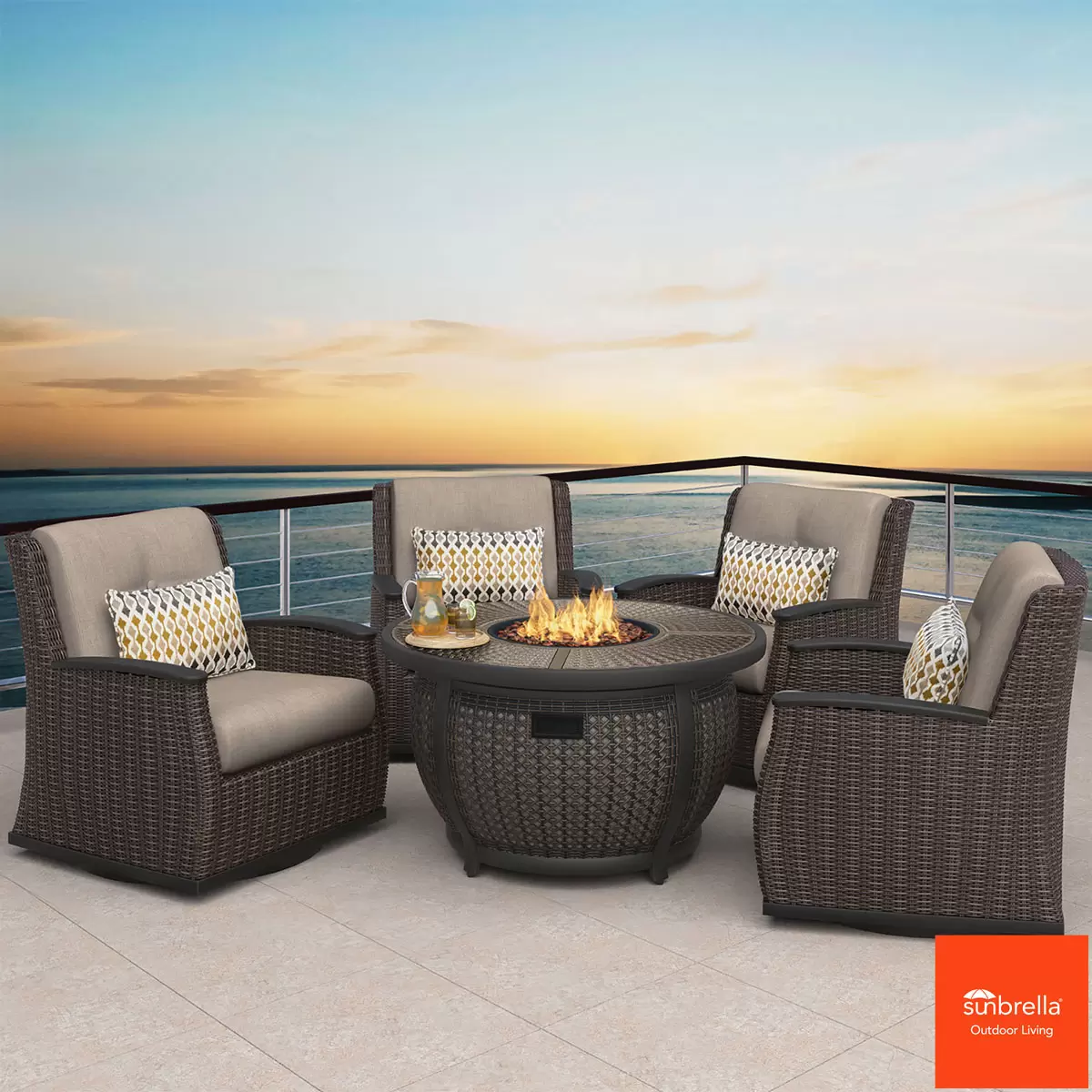 Agio Vermont 5 Piece Woven Fire Deep Seating Patio Set + Cover